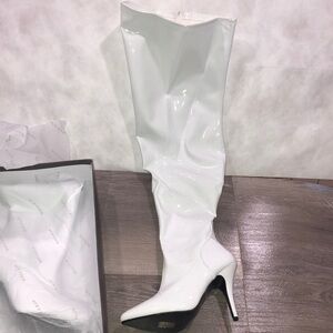 Pleaser White Patent Wide Calf Full Zip Thigh Boots New